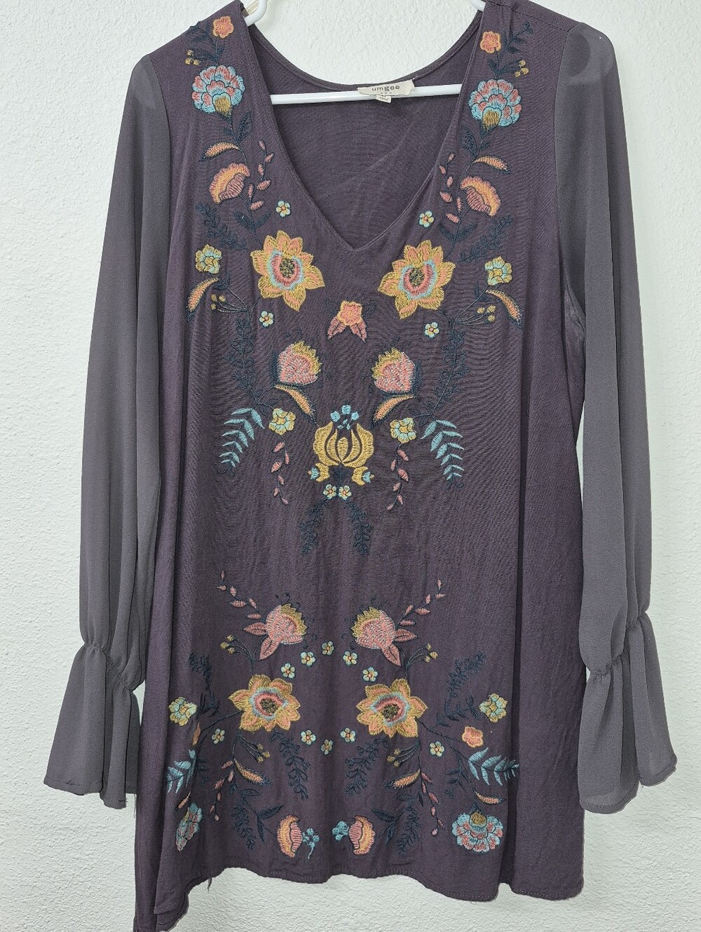 Umgee Purple Embroidered V-Neck Tunic with Multicolor Floral Accents